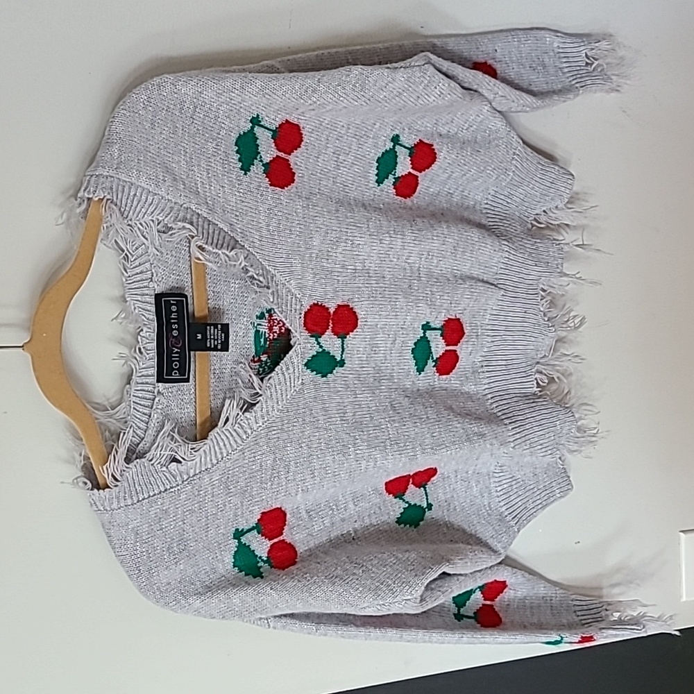 Polly and Esther cropped cherry sweater size Medium Grey with fringe detail